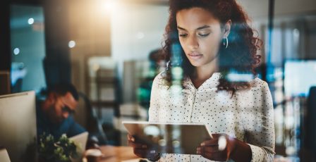 Woman looking concerned at her company's account holders
